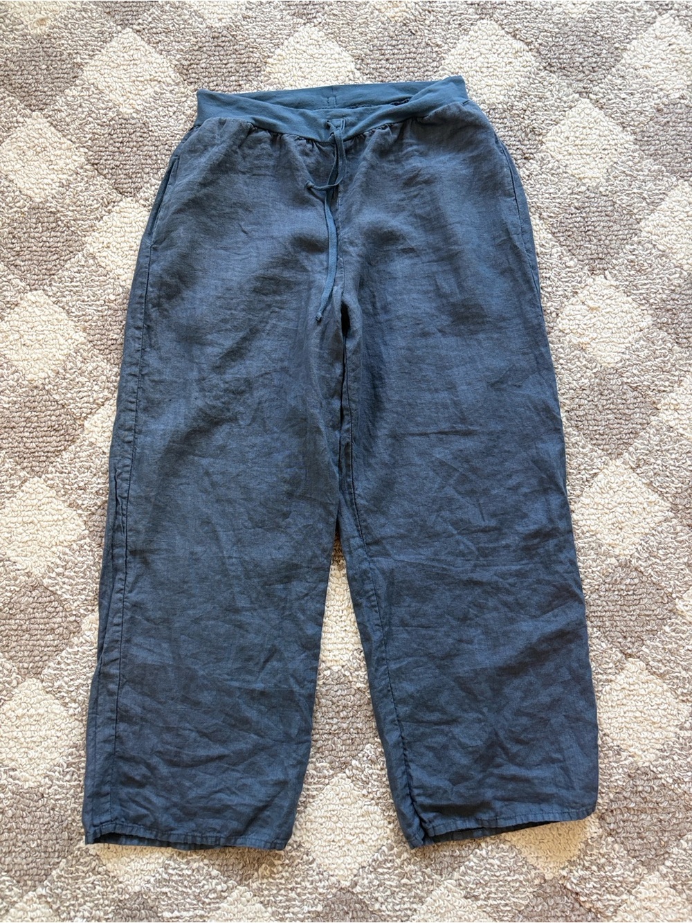 FLAX BLUE LINEN WIDE PANTS WOMENS SMALL
